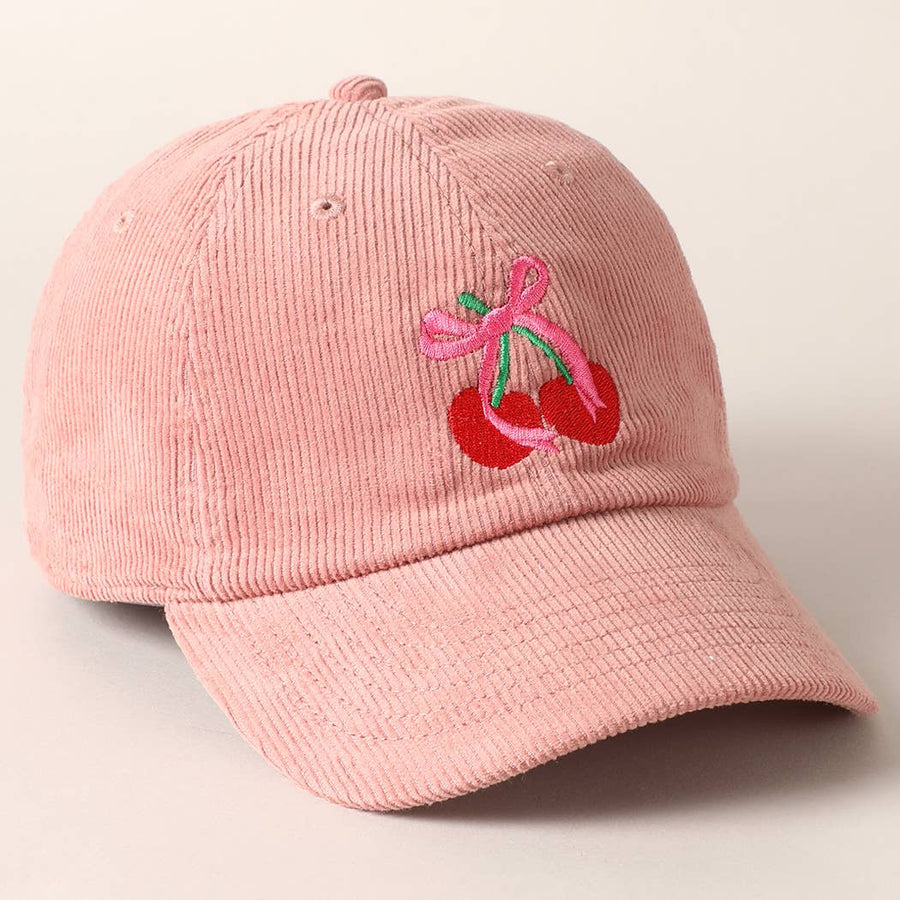 Cherries Ribbon Bow Embroidery Corduroy Cap