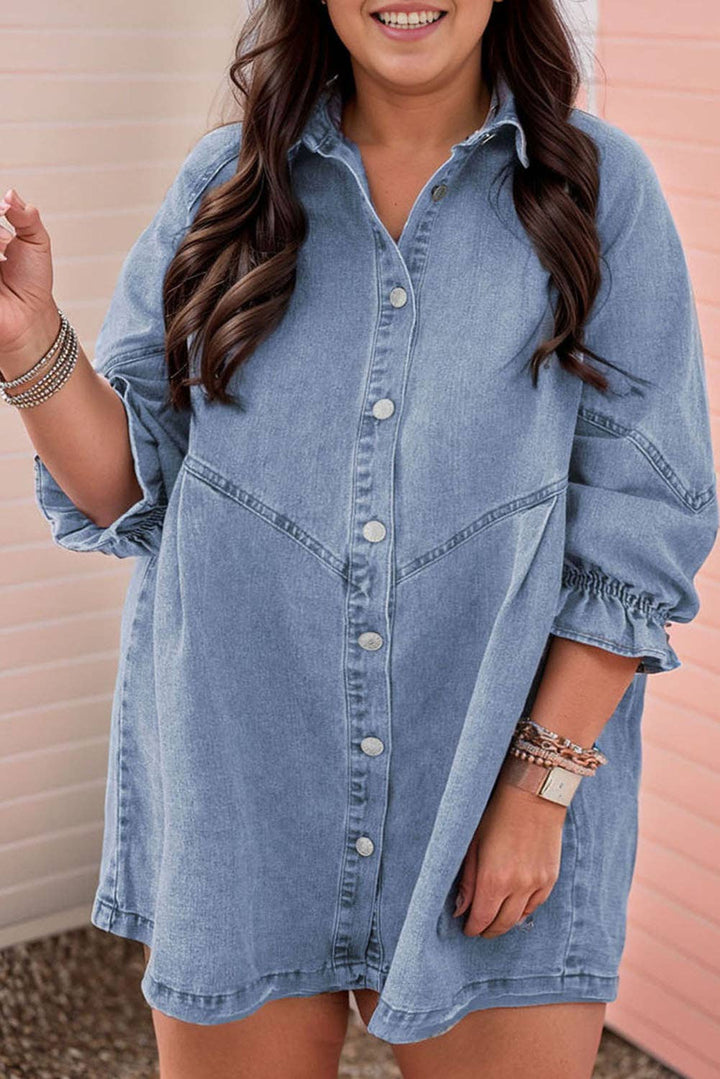 Ruffled 3/4 Sleeve Buttoned Front Plus Size Denim Dress: XL / Blue