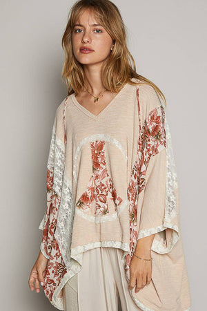 POL- V-neck floral print multi color peace patch top