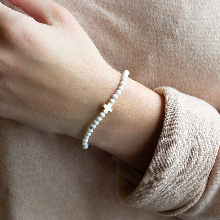 Faith Over Fear Cross Bracelet, 4mm-Howlite