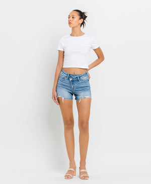 HIGH RISE DISTRESSED CRISS CROSS SHORTS BLUE DENIM / S