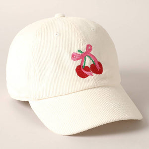 Cherries Ribbon Bow Embroidery Corduroy Cap