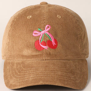 Cherries Ribbon Bow Embroidery Corduroy Cap