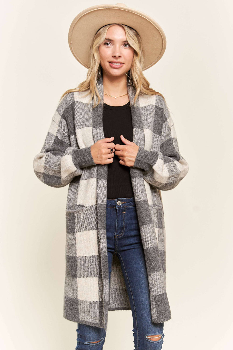 OPEN FRONT LONG PLAID CARDIGAN