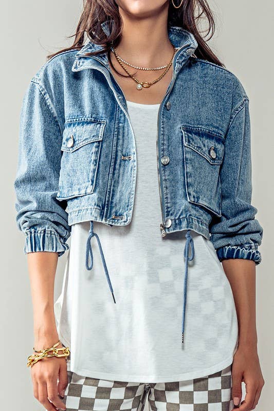 Utility Cropped Drawstring Hem Stand Collar Denim Jacket