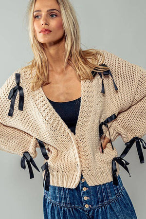 Bow Kissed Knit Cardigan - Taupe