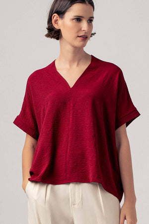 Relaxed V-Neck Top with Folded Sleeves - Mauve