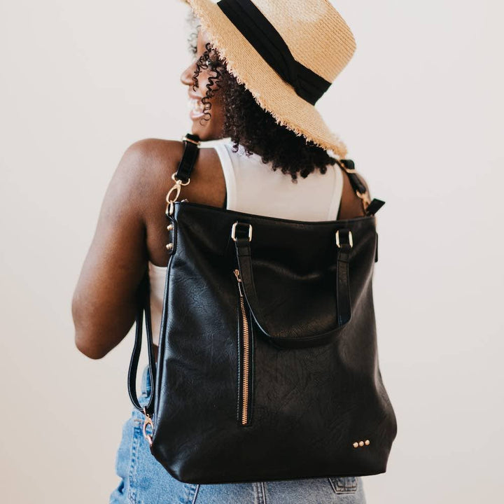 Upper East Side Vegan Leather Backpack & Crossbody Tote Bag: Black