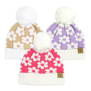 Kids' Daisy Pattern Cuff Beanie with Pom Pom