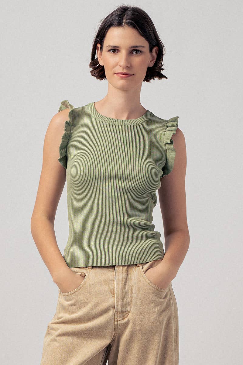 Flutter Sleeve Ribbed Crew Neck Ruffle Tank Top