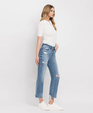 HIGH RISE DISTRESSED HEM CROP STRAIGHT JEANS BLINK / 27