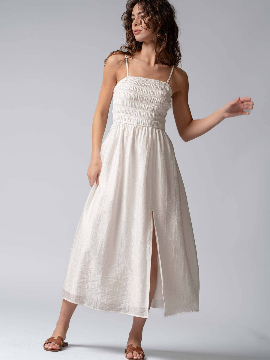 Smocked Tencel Maxi Dress with Side Slit
