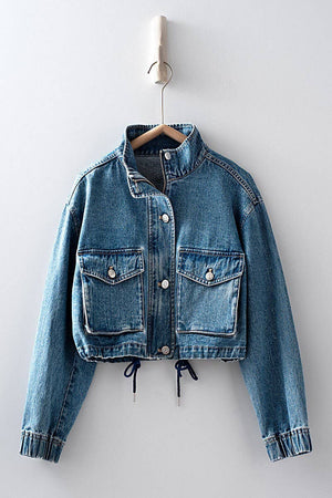 Utility Cropped Drawstring Hem Stand Collar Denim Jacket