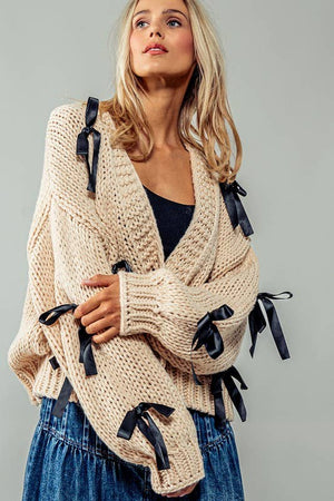 Bow Kissed Knit Cardigan - Taupe