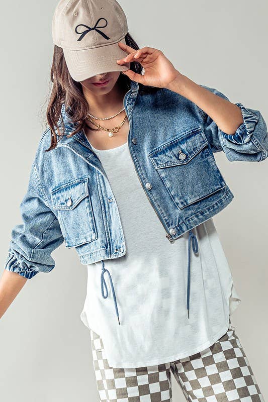 Utility Cropped Drawstring Hem Stand Collar Denim Jacket