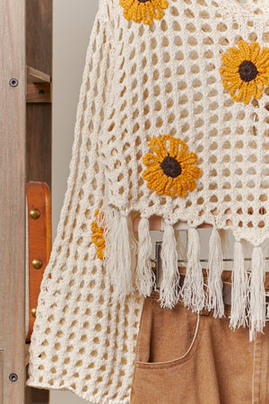Sunflower Patched Crochet Sweater with Fringes