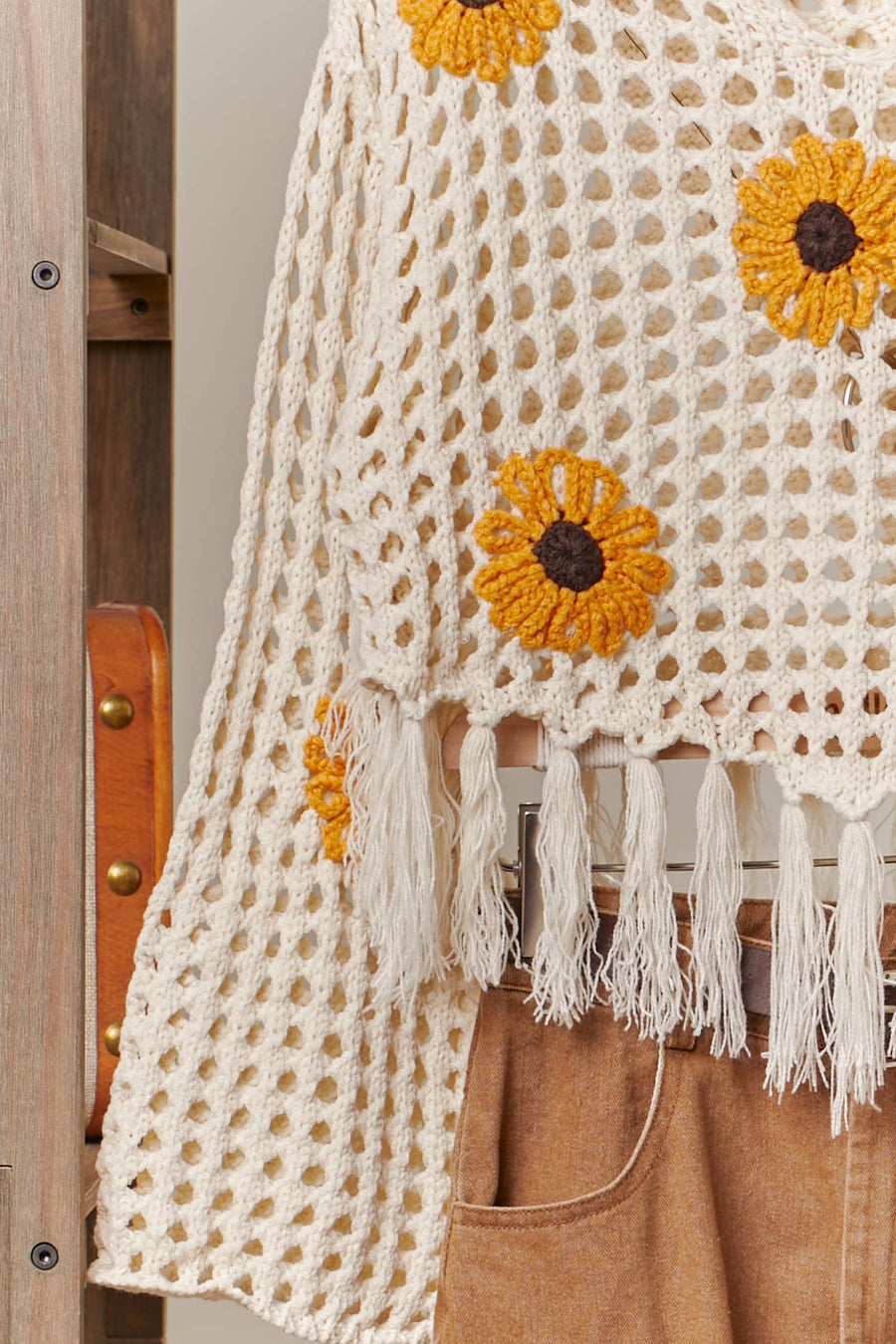 Sunflower Patched Crochet Sweater with Fringes