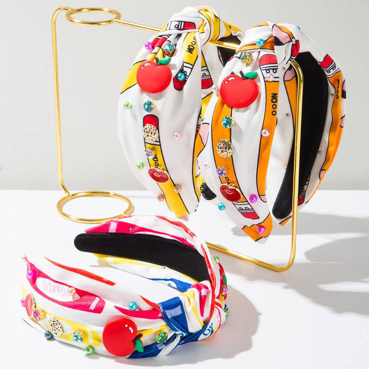 Back to school red apple printed headband with diamonds