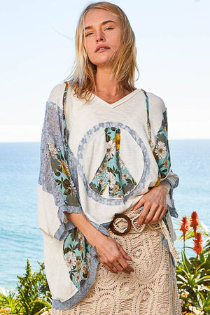 POL- V-neck floral print multi color peace patch top