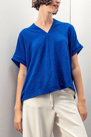 Relaxed V-Neck Top with Folded Sleeves - Mauve