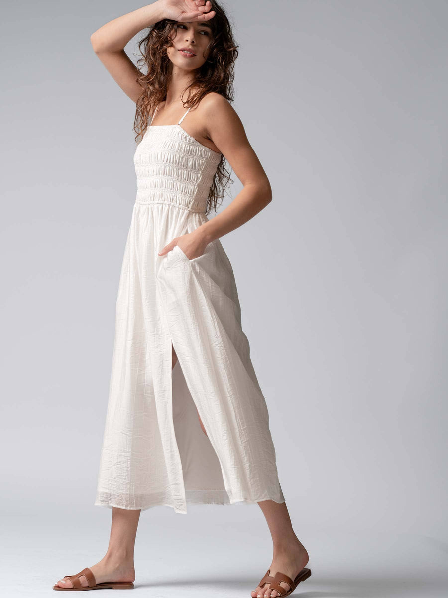 Smocked Tencel Maxi Dress with Side Slit