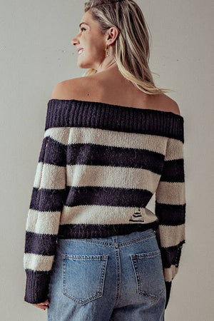 OFF SHOULDER STRIPE RIP SWEATER