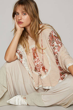 POL- V-neck floral print multi color peace patch top