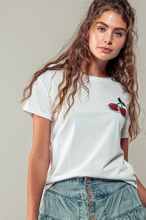 Romantic Glitter Cherry Embroidered Casual Graphic Tee