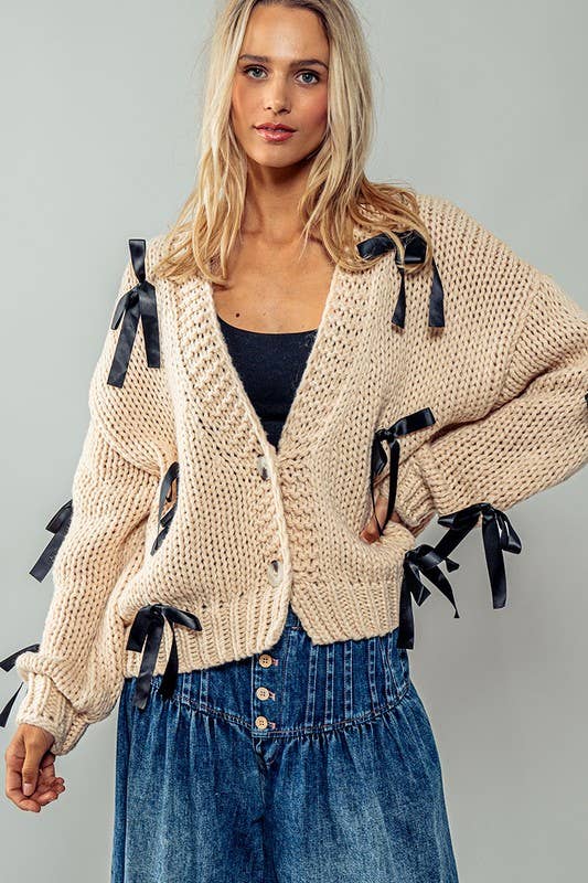 Bow Kissed Knit Cardigan - Taupe