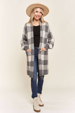 OPEN FRONT LONG PLAID CARDIGAN