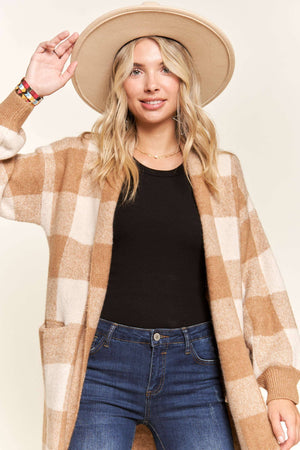 OPEN FRONT LONG PLAID CARDIGAN