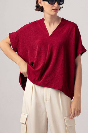 Relaxed V-Neck Top with Folded Sleeves - Mauve