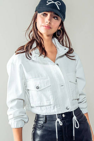 Utility Cropped Drawstring Hem Stand Collar Denim Jacket