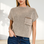 `.Washed Mock Neck Short Sleeve Sweater