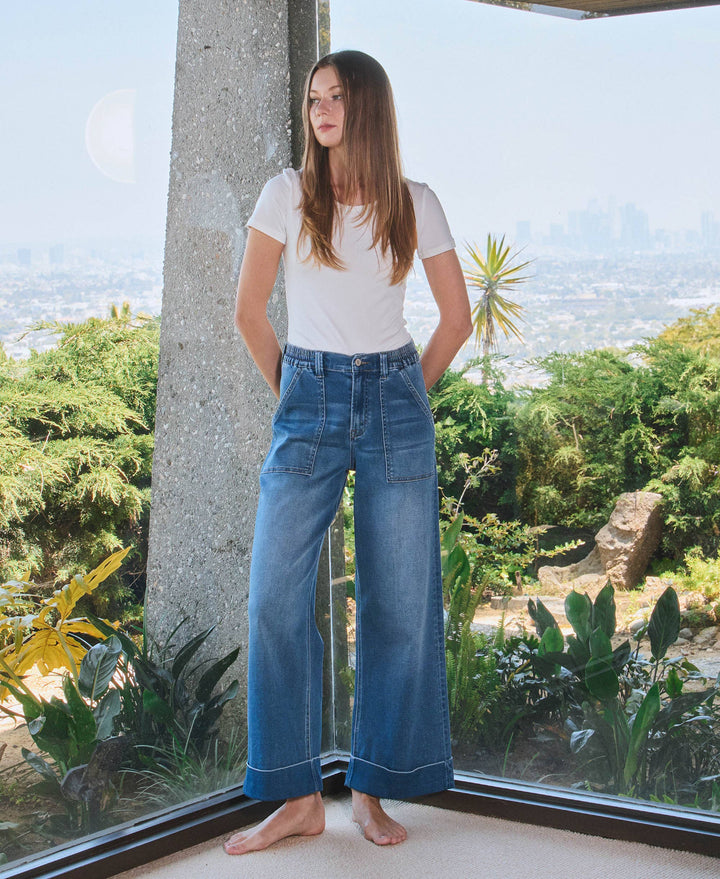 HIGH RISE DOUBLE CUFFED BAGGY WIDE JEANS V3589