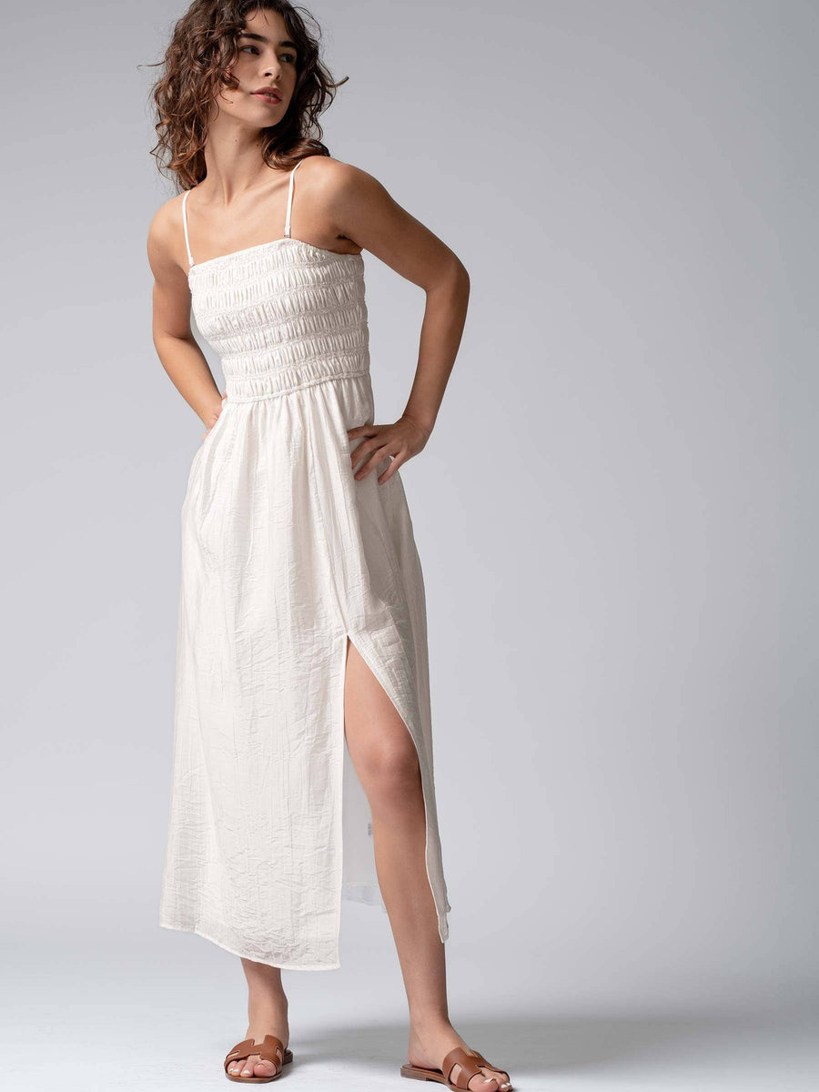 Smocked Tencel Maxi Dress with Side Slit