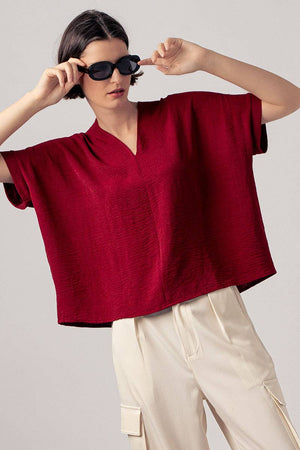 Relaxed V-Neck Top with Folded Sleeves - Mauve