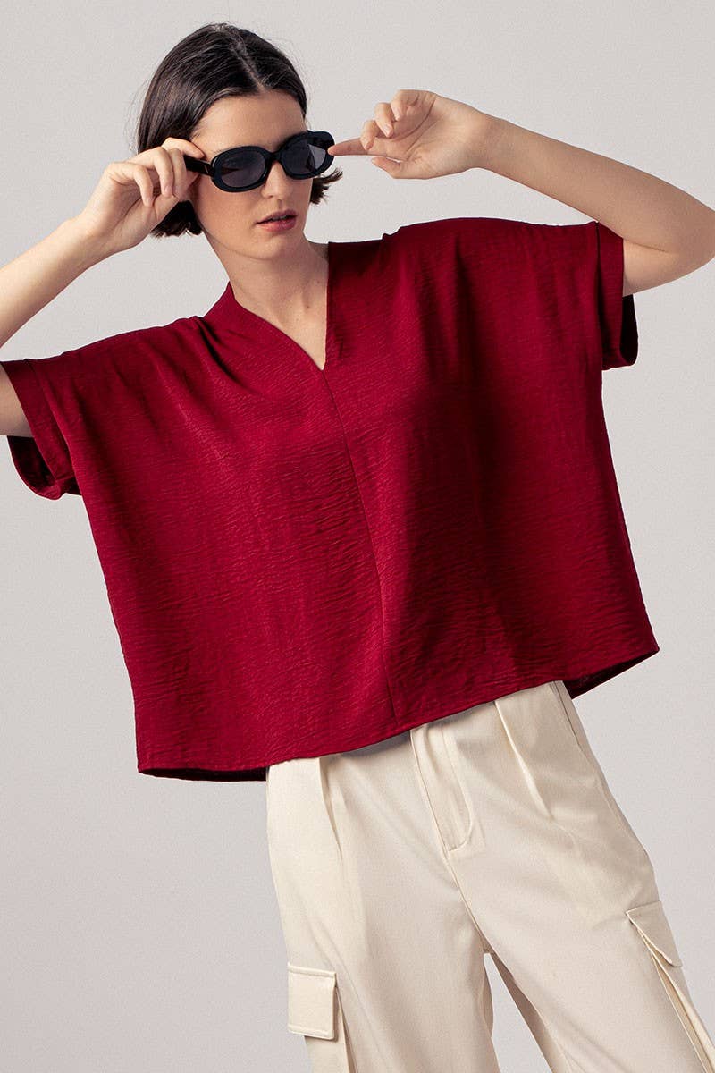 Relaxed V-Neck Top with Folded Sleeves - Mauve