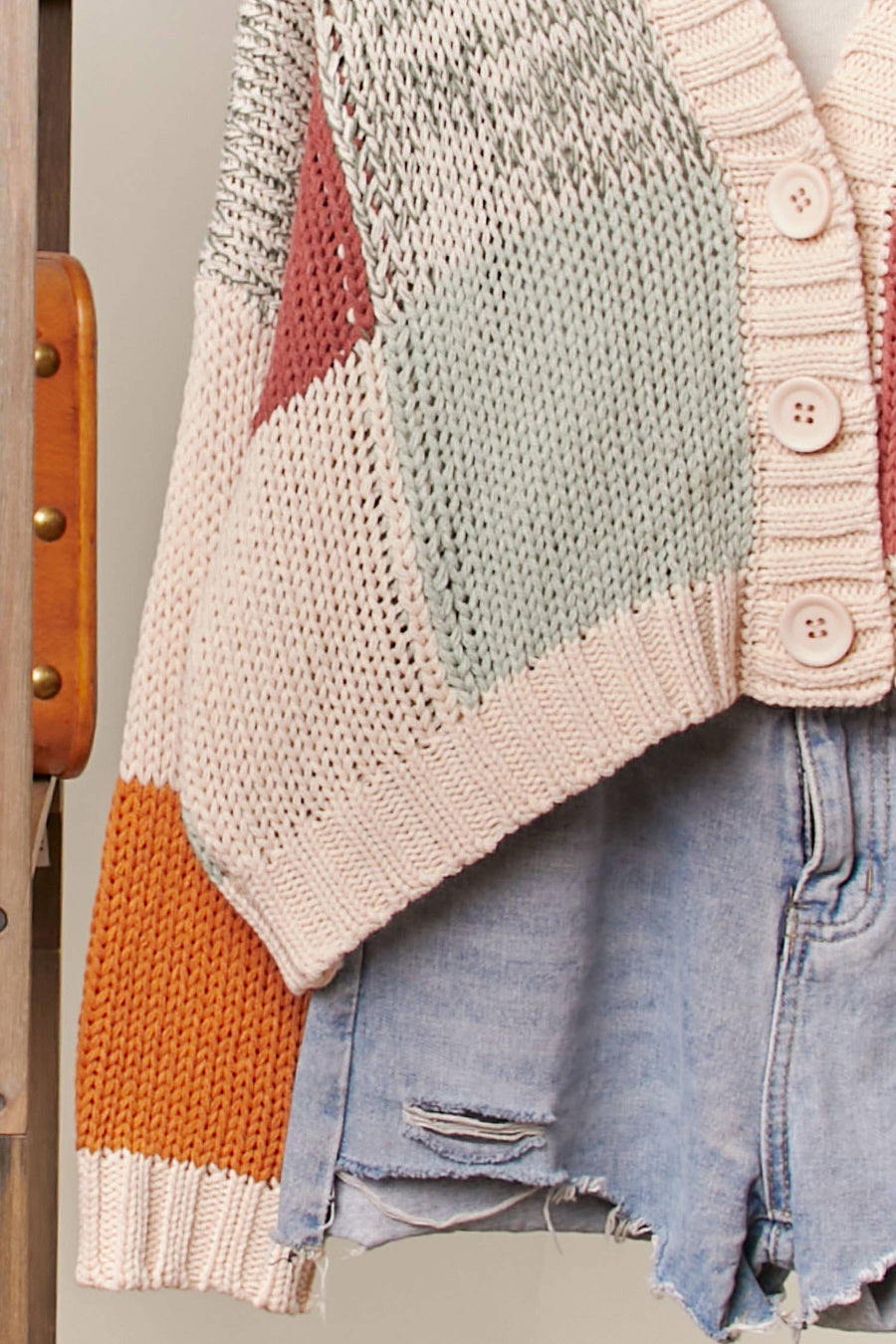 Color Block Crochet V Neck Cardigan