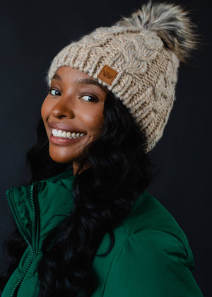 Taupe Cable Knit Pom Hat