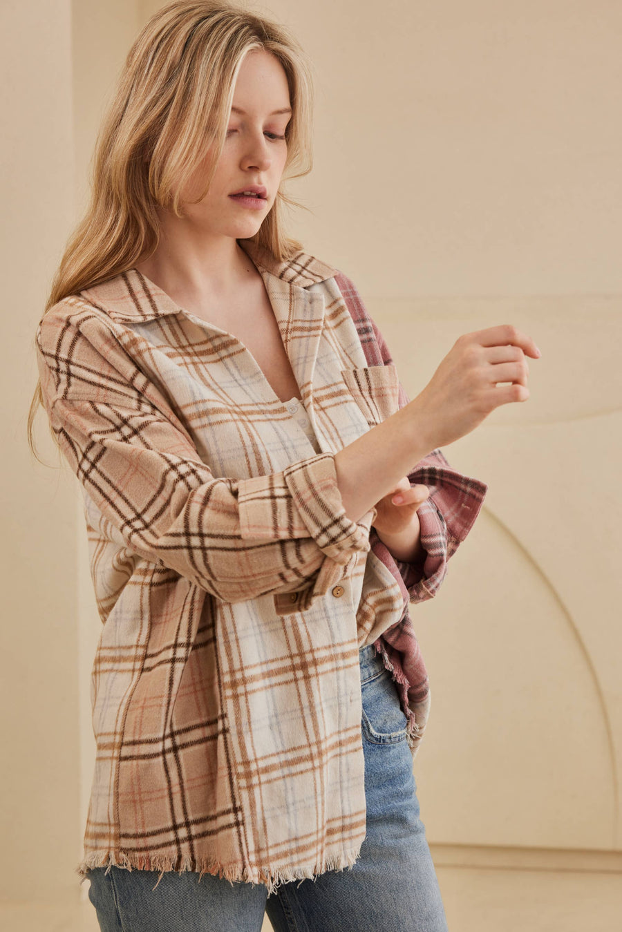 Pink and oatmeal plaid oversized women’s shacket 