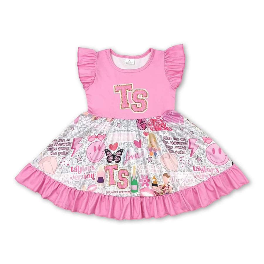 Taylor Swift Pink Flutter Sleeve Dress - Swiftie Girls Twirl Dress