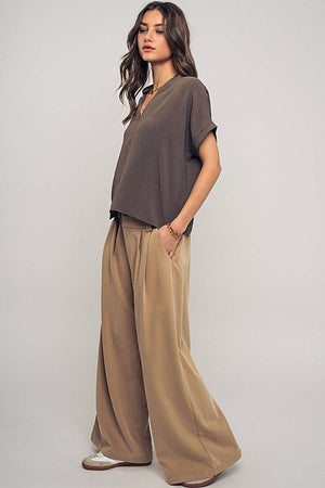 Relaxed V-Neck Top with Folded Sleeves - Mauve