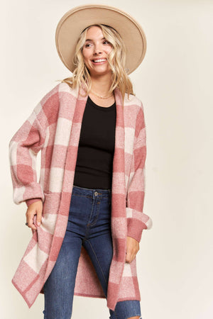 OPEN FRONT LONG PLAID CARDIGAN