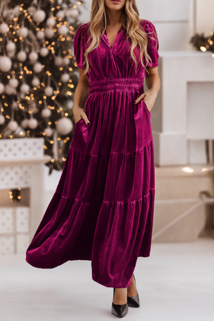 LDC Velvet Short Sleeve Shirred Waist Tiered Maxi Dress