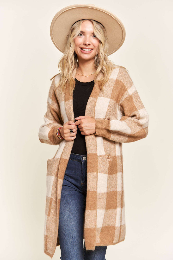 OPEN FRONT LONG PLAID CARDIGAN