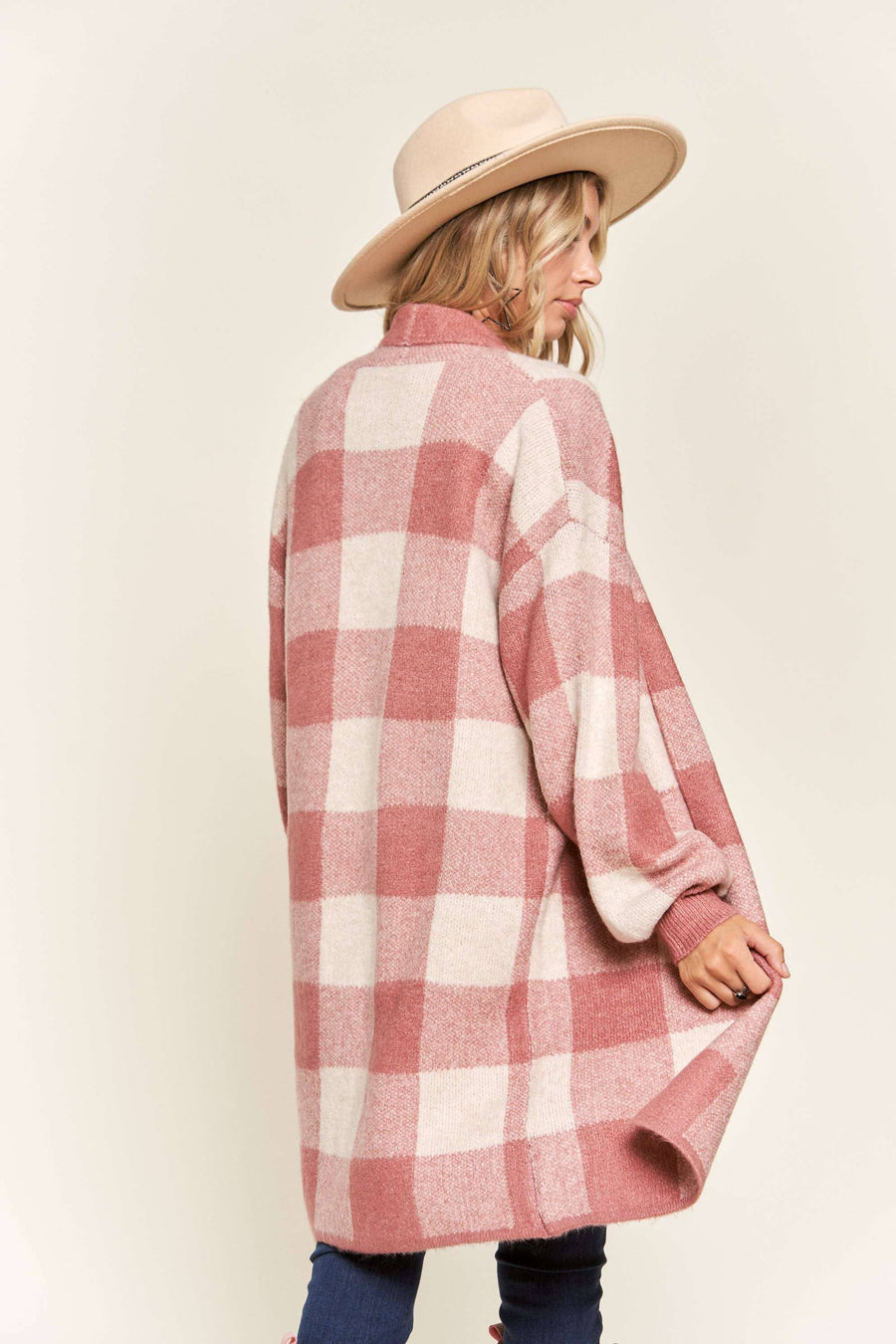 OPEN FRONT LONG PLAID CARDIGAN