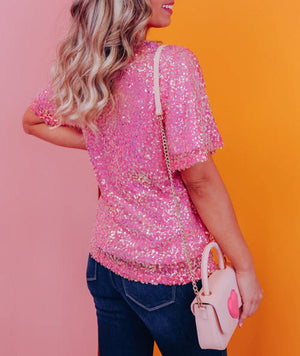 V Neck Wide Sleeve Sequin Top: L / Pink