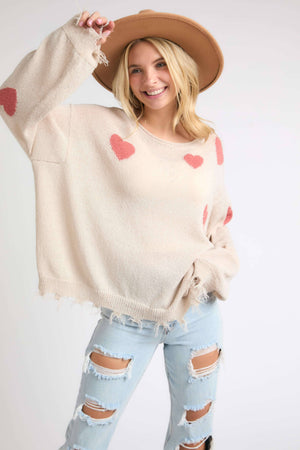 HEART SWEATER TOP W/ FRAYED EDGE