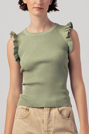 Flutter Sleeve Ribbed Crew Neck Ruffle Tank Top